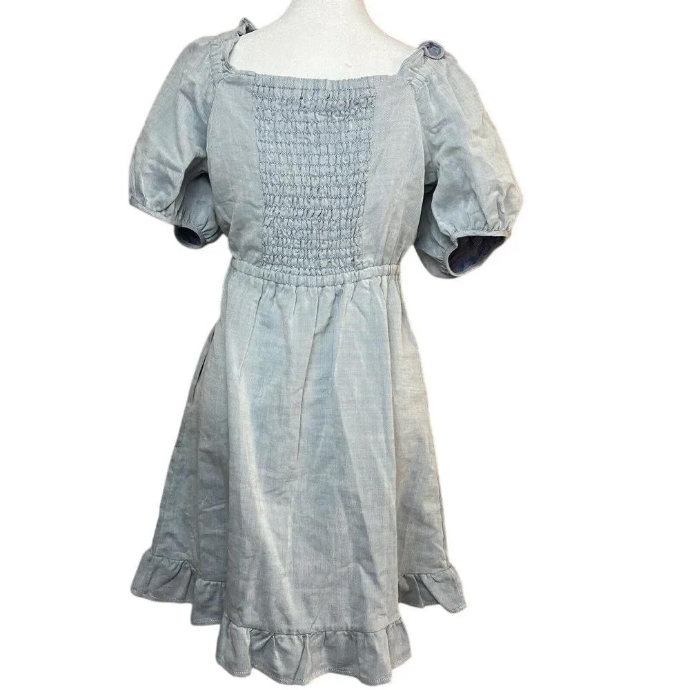 Who What Wear Women's Dress Small Chambray Twill Puff Sleeve Mini Ruffle Hem NWT